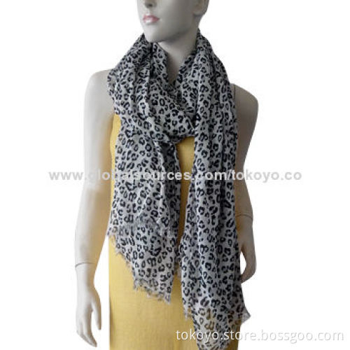 Polyester scarf with leopard screen printing, for summer/size 180*70+1.5cm self fringe/allover print